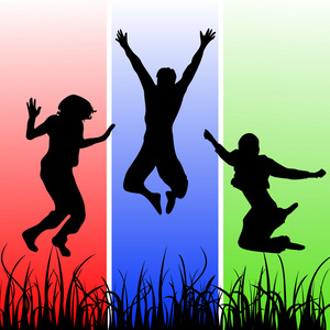 快乐群的男人,男孩跳上一个白色的背景。友谊,健康的生活方式,成功的概念。在一个平面和卡通风格的矢量图